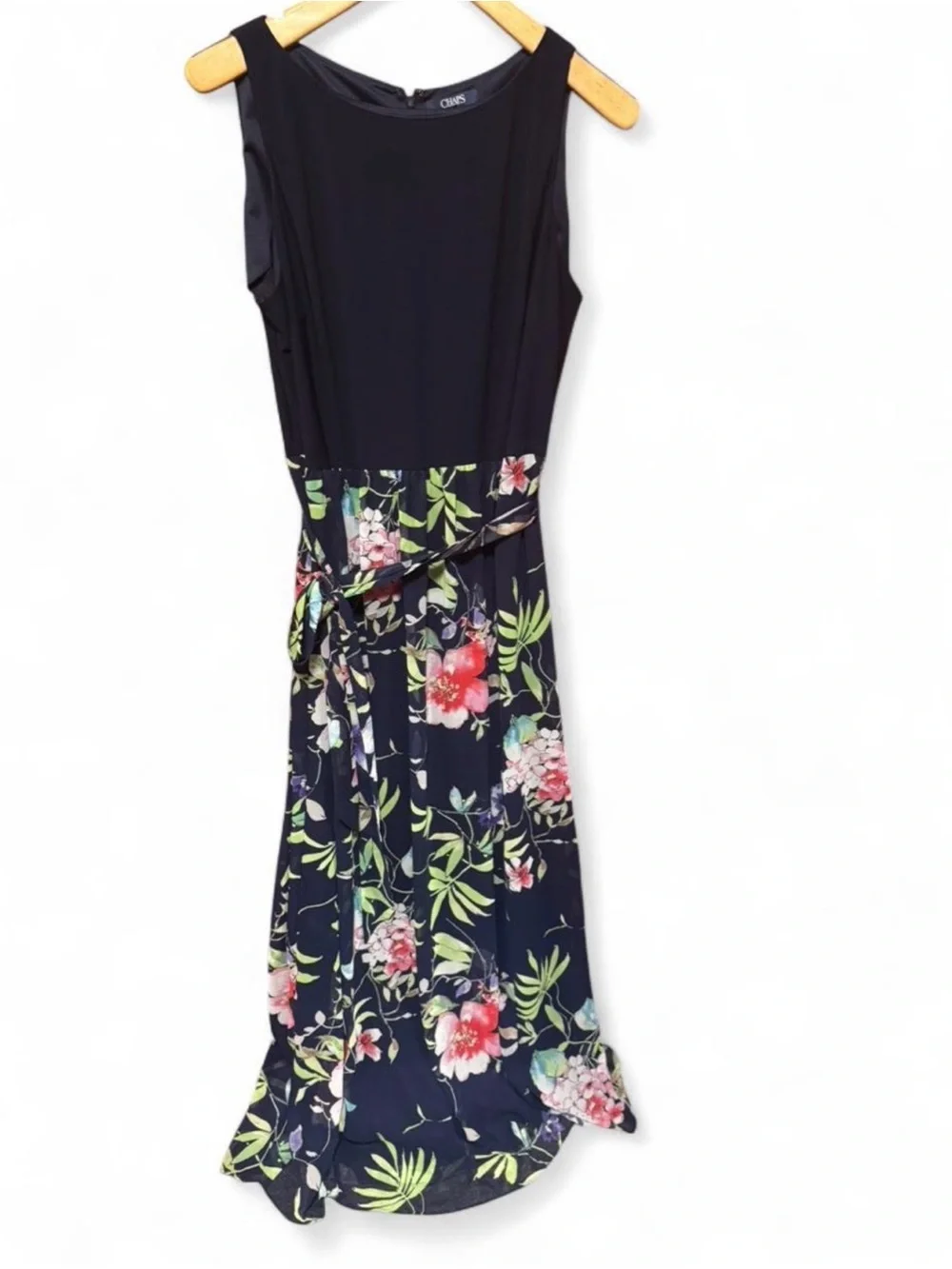Chaps navy blue floral sleeveless maxi dress with a belted waist size 16 - Picture 2 of 8